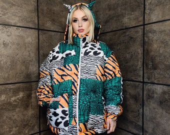 Cow bomber handmade detachable zebra puffer devil horn jacket animal print coat reversible jacket in green white stripe