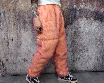 Festival faux fur joggers luminous detachable rave pants handmade fluorescent fleece party shorts premium tie-dye overalls in orange pink