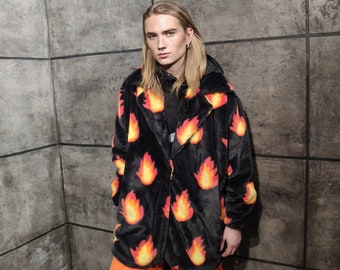 Flame print coat burning fire fleece trench luxury festival jacket fluffy grunge bomber in black orange