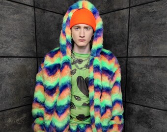 Festival fleece jacket handmade detachable fluffy rave bomber fluorescent faux fur premium Gay pride top coat in rainbow