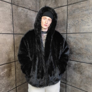 Mens black fur sales hooded coat
