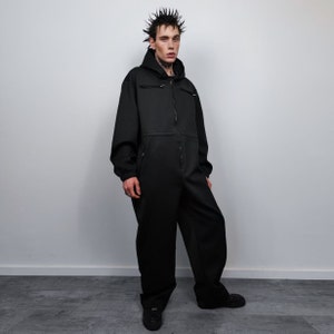 Hooded utility boilersuit workwear coveralls zip up racing jumpsuit cyber punk dungarees going out one-piece suit catwalk smock in black