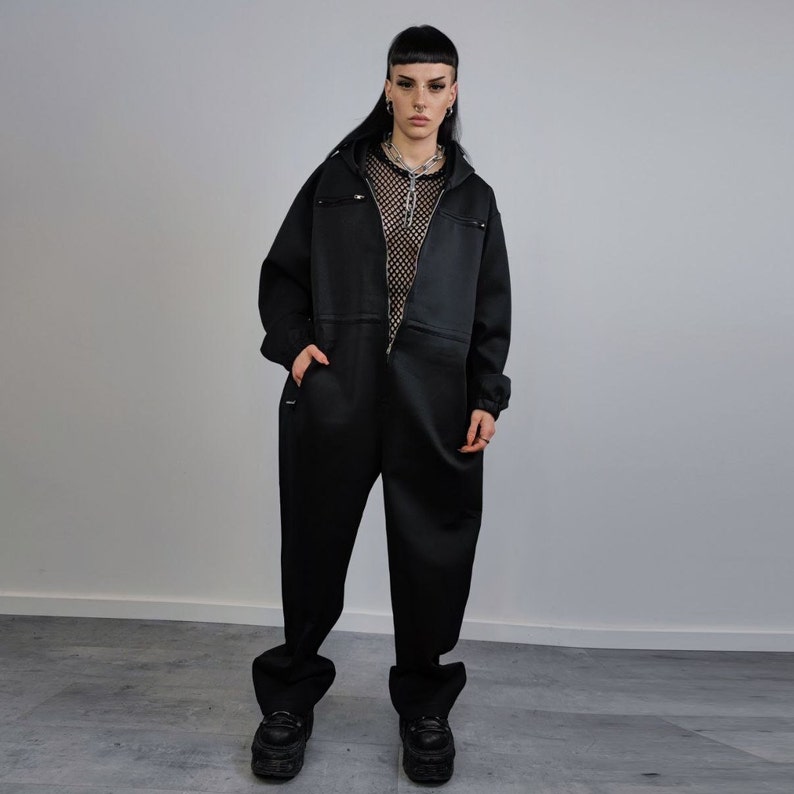 Hooded utility boilersuit workwear coveralls zip up racing jumpsuit cyber punk dungarees going out one-piece suit catwalk smock in black