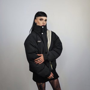 Utility bomber jacket striped bomber gorpcore coat techno varsity punk coat grunge jacket in black