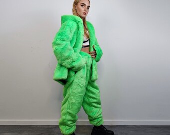 Neon faux fur joggers winter raver pants fluffy skiing trousers mountain fleece overalls festival bottoms burning man pants in green