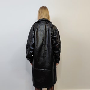 Mid length faux leather coat PU utility trench jacket gorpcore raver varsity going out rubbery high fashion gothic puffer in black