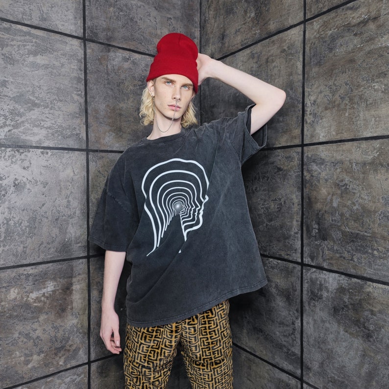Psychedelic t-shirt premium vintage wash retro raver tee face print grunge top in acid grey