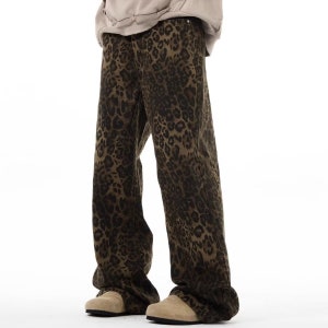 Leopard jeans unisex animal print denim trousers cheetah pants tiger spot pants flared joggers in brown