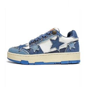 Denim patch sneakers stars applique classic trainers jeans skater shoes retro chunky high tops in blue white image 4