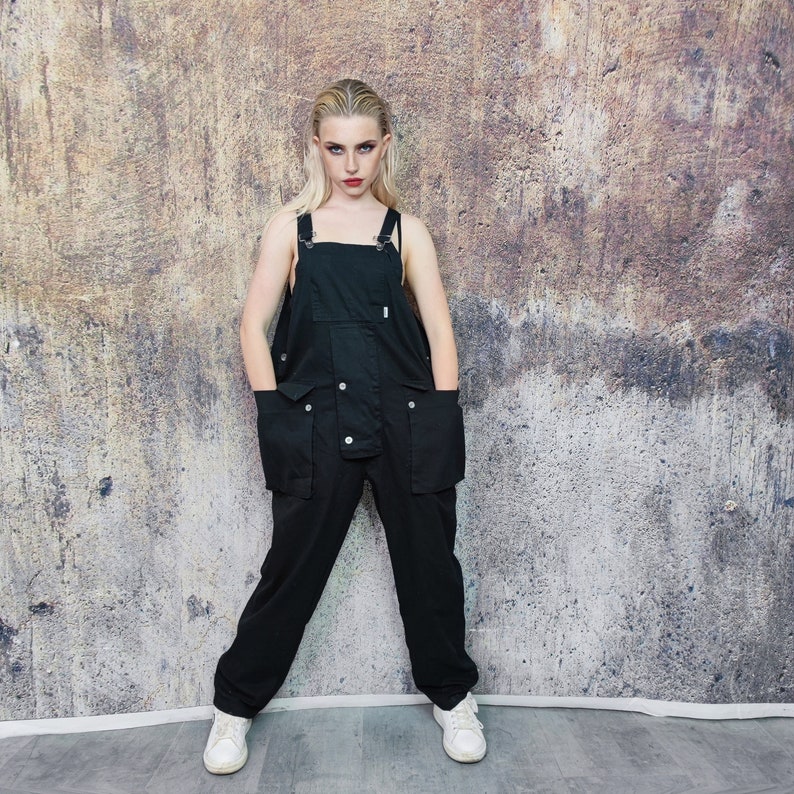 Cargo pocket dungarees work wear denim overalls skater rompers utility playsuit in black