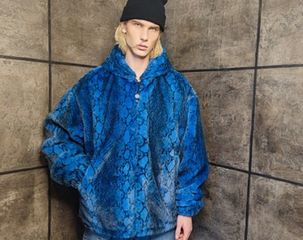 Luxury snake jacket faux fur python print bomber handmade detachable fluffy fleece puffer premium grunge hooded coat in blue