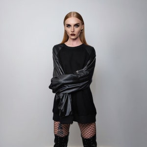 Faux leather sleeves sweatshirt Gothic jumper extreme zipper pullover punk top PU grunge going out rocker sweater in black