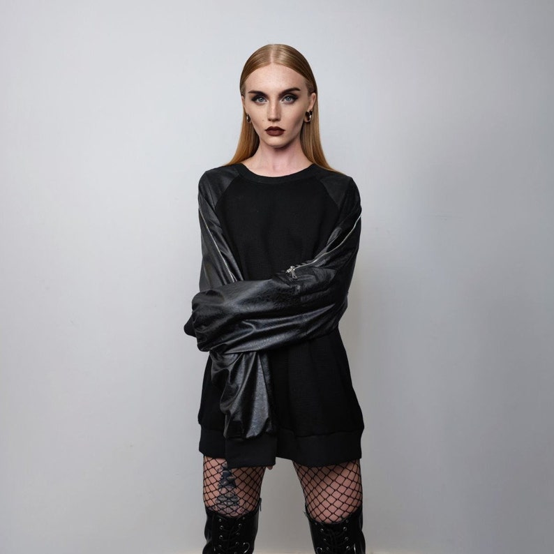 Faux leather sleeves sweatshirt Gothic jumper extreme zipper pullover punk top PU grunge going out rocker sweater in black