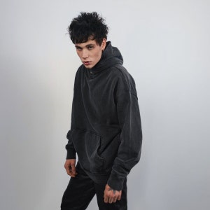 Vintage wash hoodie premium quality cotton pullover acid black hooded jumper punk top gothic long sleeve sweatshirt in retro grey