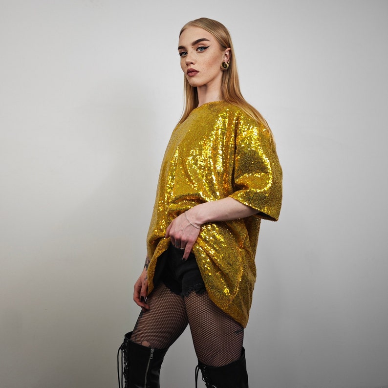 Gold Sequin T-shirt Glitter Top Sparkle Jumper Party Pullover Glam Rock ...