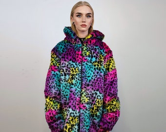 Tiedye hooded faux fur jacket leopard coat rainbow trench animal print bomber fuzzy cheetah fleece festival puffer burning man overcoat pink