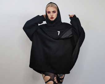 Gothic cape raised neck punk hoodie utility poncho gorpcore cloak asymmetric pullover cyberpunk ninja jumper Japanese Yamamoto sweatshirt