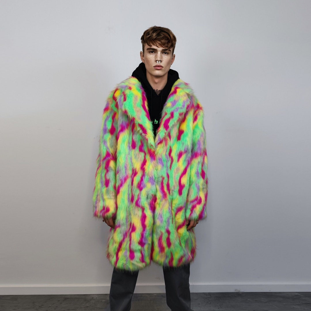 Psychedelic Faux Fur Longline Coat Shaggy Trench Bright Raver Bomber ...