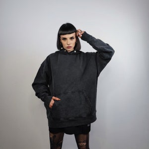 Vintage wash hoodie premium quality cotton pullover acid black hooded jumper punk top gothic long sleeve sweatshirt in retro grey