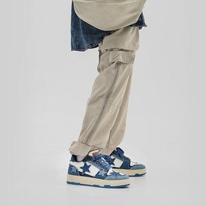 Denim Patch Turnschuhe Sterne Applikation klassich Sneaker Jeans Skater Schuhe retro grobstrick High Tops in blau weiß Bild 7