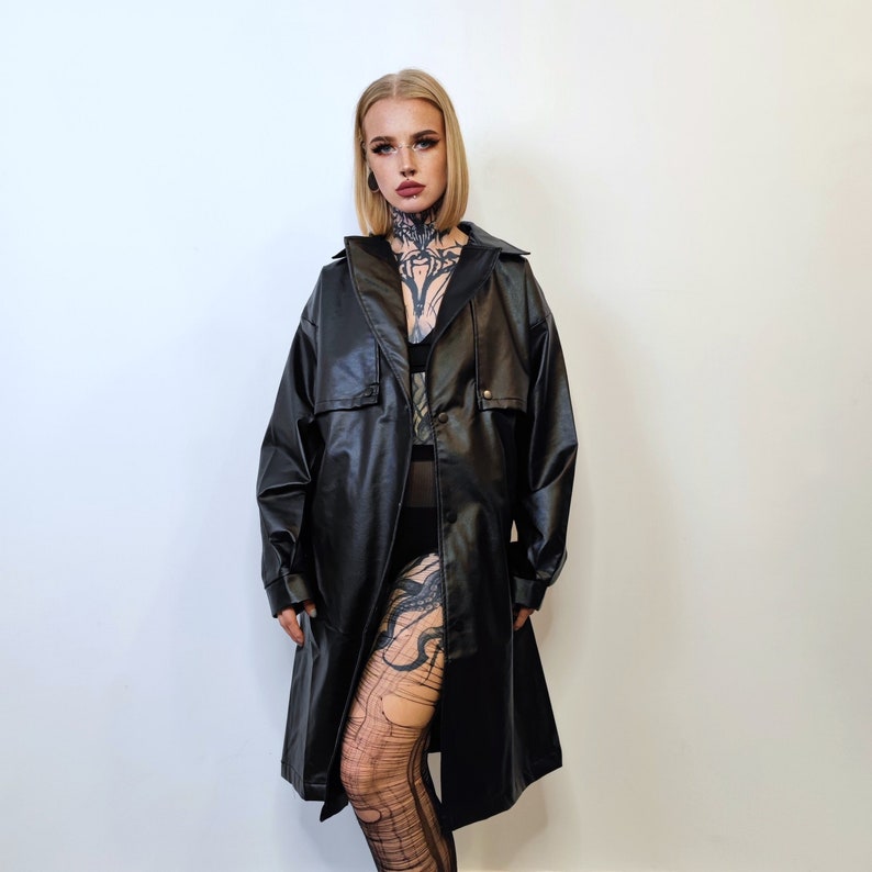 Mid length faux leather coat PU utility trench jacket gorpcore raver varsity going out rubbery high fashion gothic puffer in black