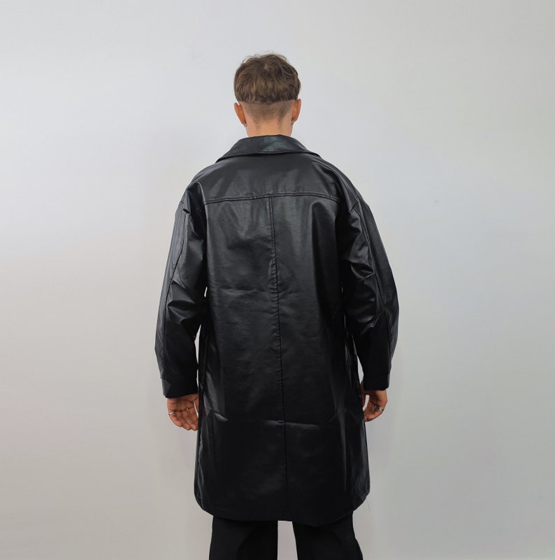 Mid length faux leather coat PU utility trench jacket gorpcore raver varsity going out rubbery high fashion puffer in black