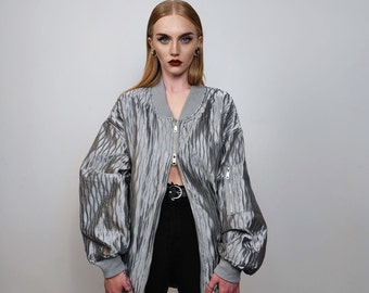 Metallic varsity jacket thin college bomber textured oversize utility jacket going out coat party jacket grunge shiny blazer in silver grey