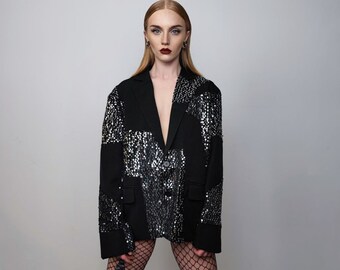 Sequin embellished blazer shiny going out jacket asymmetric pattern glam rocker bomber grunge luminous party catwalk coat in black silver