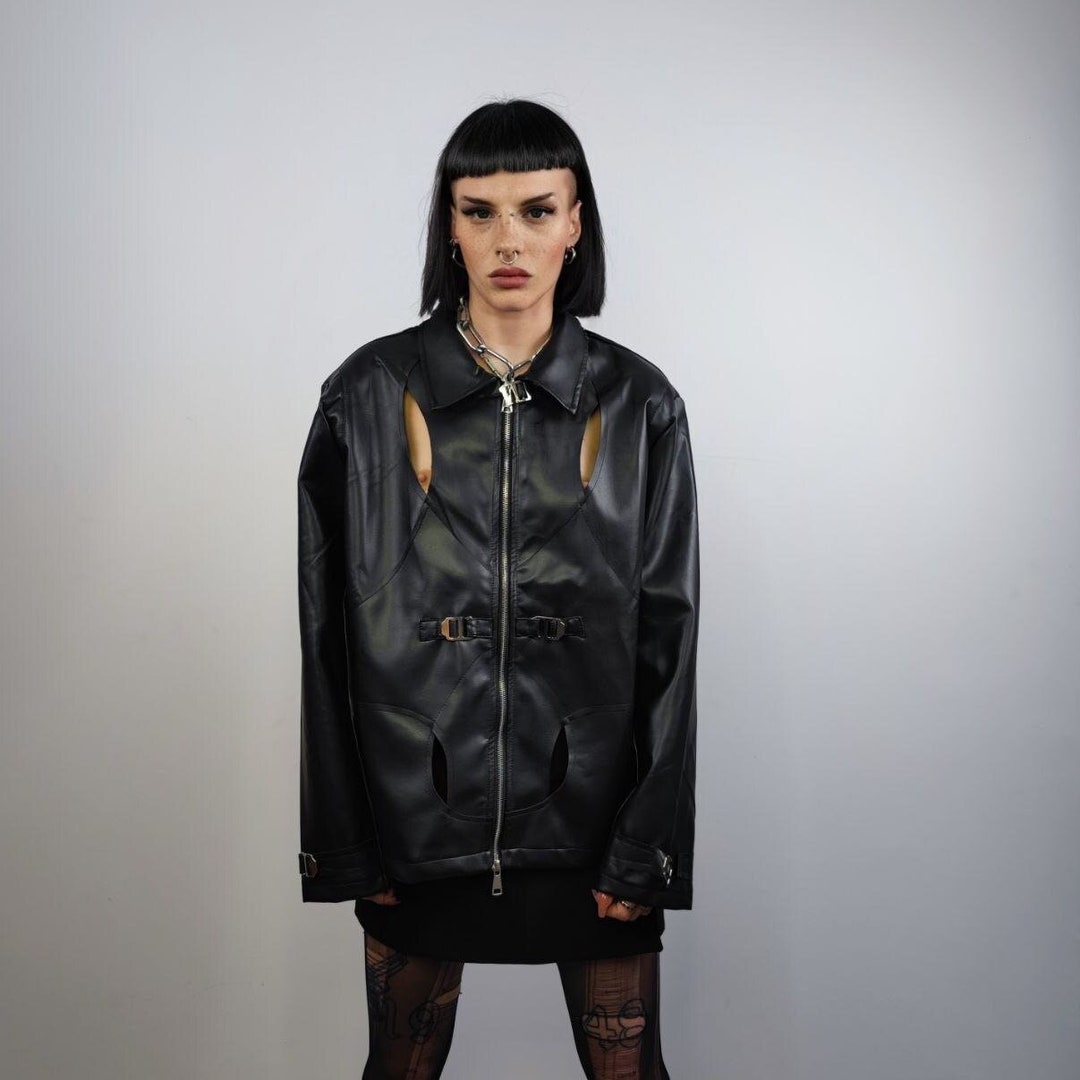 Faux Leather Racer Jacket PU Motor Sport Varsity Cutout Biker Bomber ...