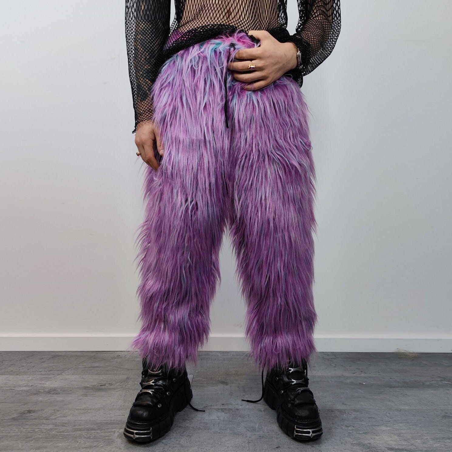 Shaggy Faux Fur Joggers Winter Raver Neon Pants Fluffy Skiing