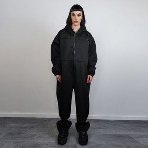 Hooded utility boilersuit workwear coveralls zip up racing jumpsuit cyber punk dungarees going out one-piece suit catwalk smock in black