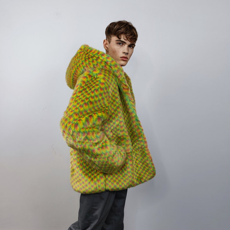 Checked Faux Fur Hooded Jacket Geometric Bomber Bright Raver Coat ...