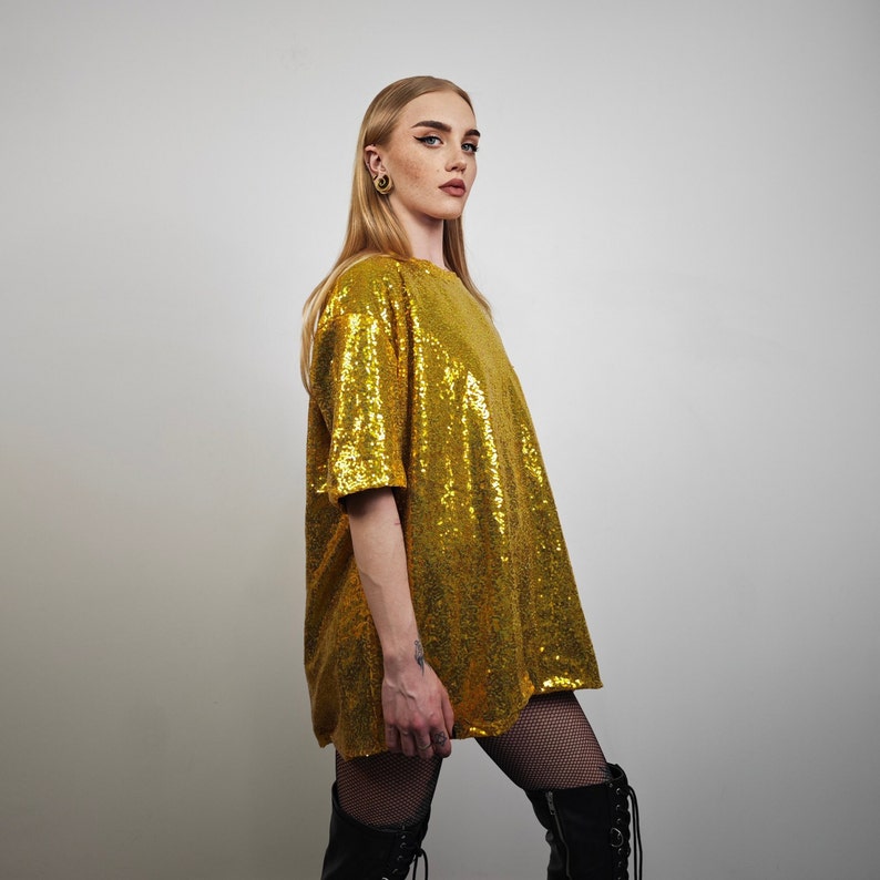 Gold Sequin T-shirt Glitter Top Sparkle Jumper Party Pullover Glam Rock ...