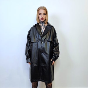 Mid length faux leather coat PU utility trench jacket gorpcore raver varsity going out rubbery high fashion puffer in black