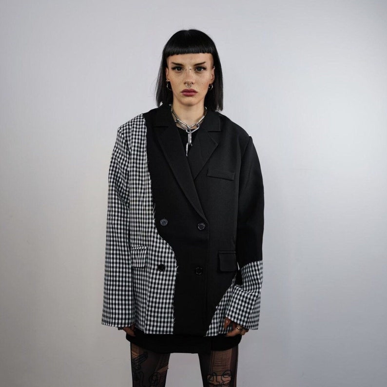 Check print blazer houndstooth jacket reworked catwalk coat high fashion plaid bomber contrast stitching gingham blazer in black and white image 1