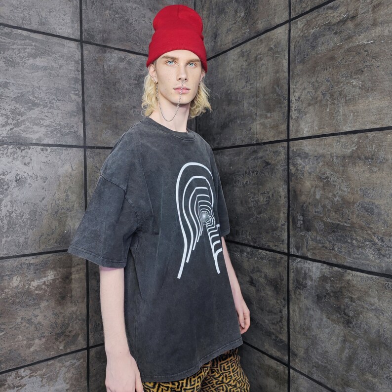 Psychedelic t-shirt premium vintage wash retro raver tee face print grunge top in acid grey