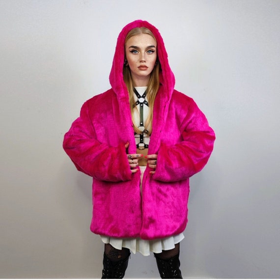 Hooded Neon Faux Fur Jacket Shaggy Bomber Bright Raver Puffer