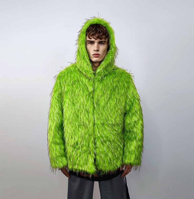 Hooded Shaggy Faux Fur Jacket Neon Bomber Bright Raver Coat Etsy