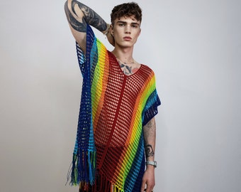 Rainbow mesh top Gay pride sweater rave poncho transparent jumper LGBT see-through blouse carnival sweatshirt crochet t-shirt in multi