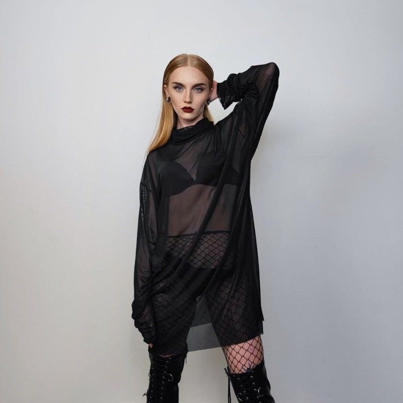 Transparent turtleneck top sheer raised neck sweatshirt see-through punk jumper thin mesh going out party t-shirt catwalk tee in black