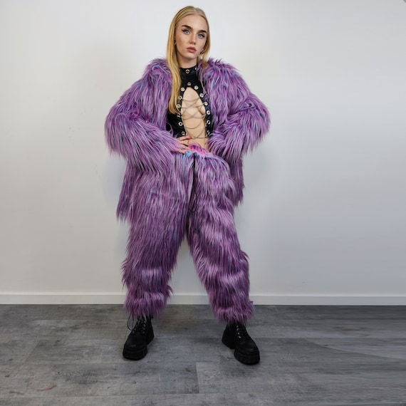 Shaggy Faux Fur Joggers Winter Raver Neon Pants Fluffy Skiing