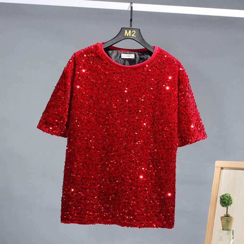 Gold Sequin T-shirt Glitter Top Sparkle Jumper Party Pullover Glam Rock ...