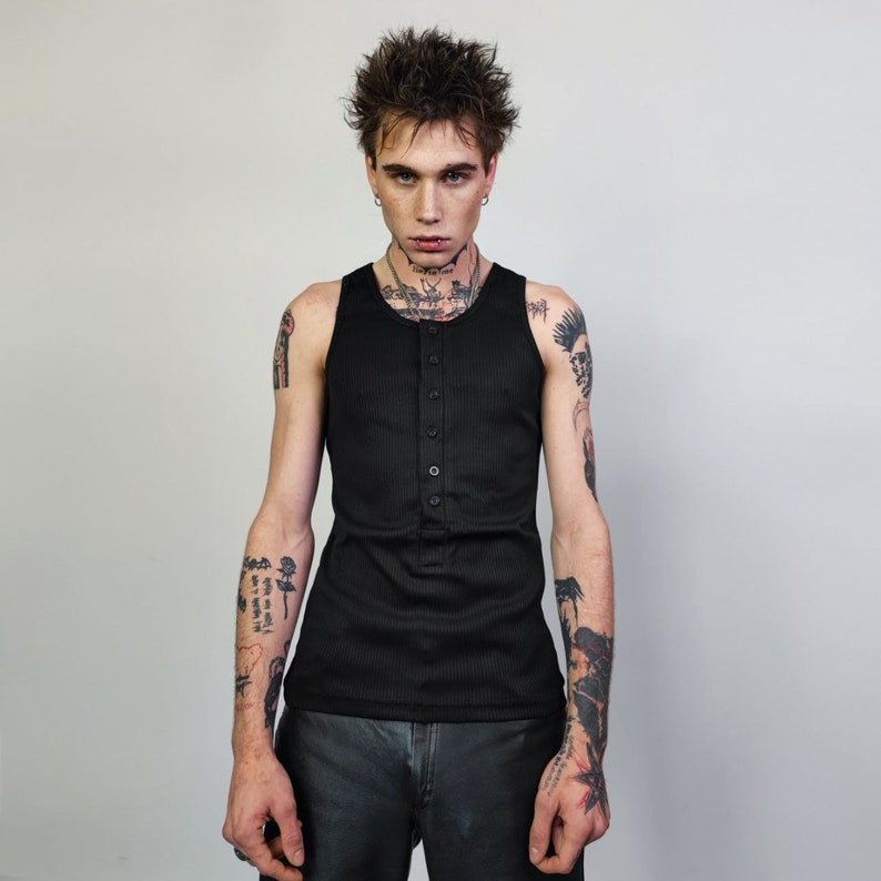 Button up sleeveless vest t-shirt Gothic tank top grunge crew neck tee rocker surfer vest