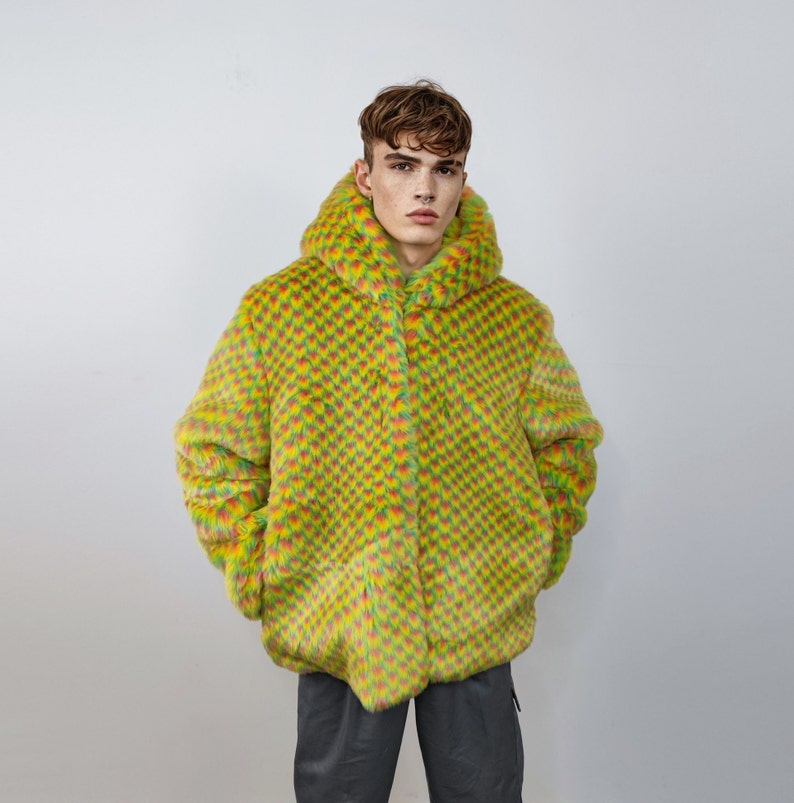 Hooded Checked Faux Fur Jacket Geometric Bomber Bright Raver Coat ...