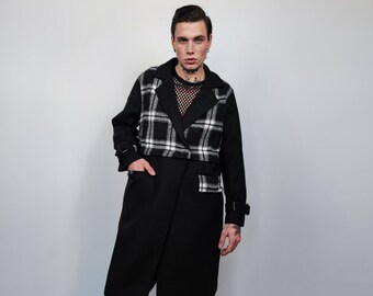 Detachable coat color block trench plaid utility jacket checked gorpcore bomber 2 in 1 crop coat multi functional punk jacket in black