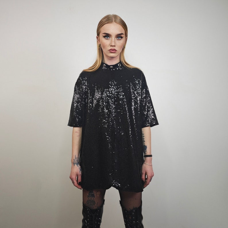 Black Sequin T-shirt Glitter Top Sparkle Jumper Party Pullover Glam ...