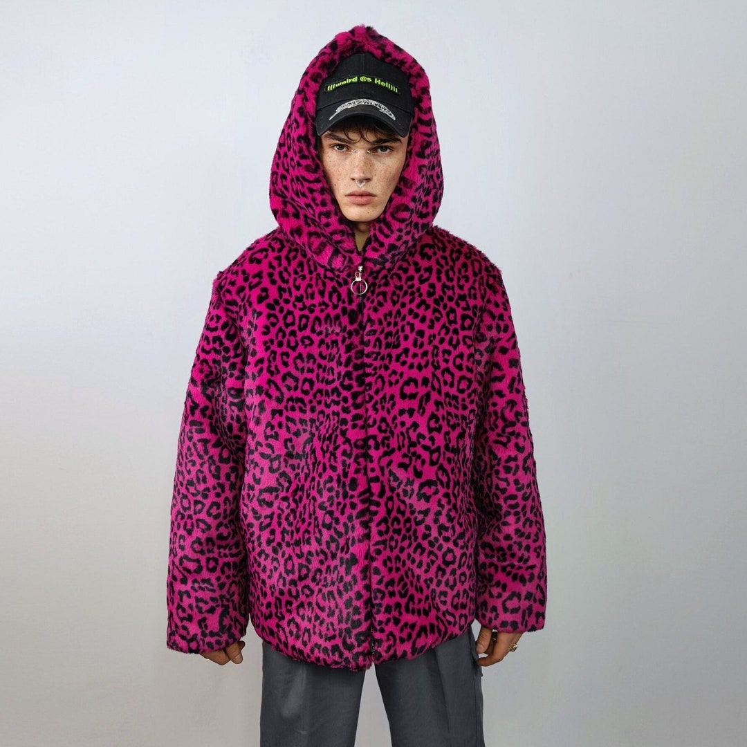 Hooded Faux Fur Leopard Jacket Animal Print Bomber Bright Raver Coat