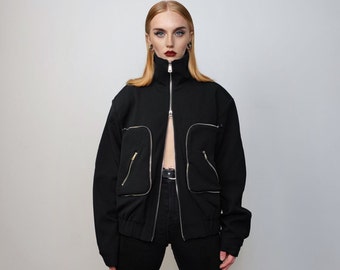 Utility bomber jacket cargo pocket track jacket gorpcore coat raised neck grunge varsity going out coat catwalk jacket in black