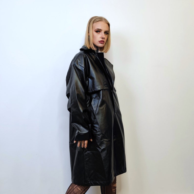 Mid length faux leather coat PU utility trench jacket gorpcore raver varsity going out rubbery high fashion gothic puffer in black