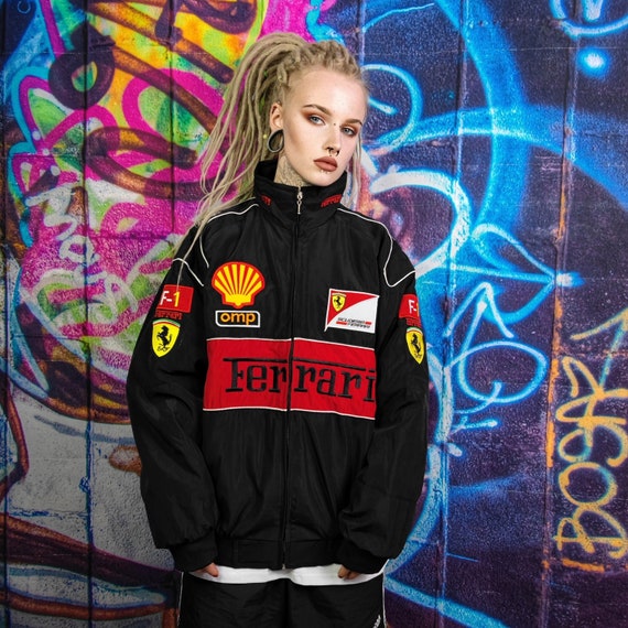 F1 Racing Jacket Multi Patch Ferrari Motorcycle Varsity Vintage Formula One  Letterman Bomber Premium Biker Jacket in Black Red 